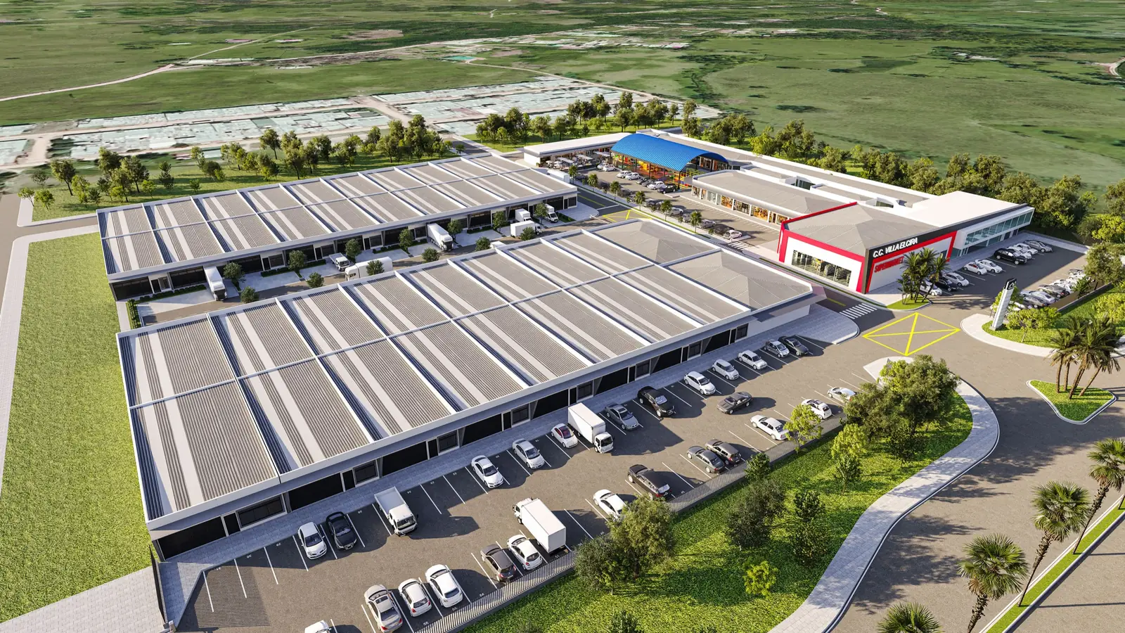 Representación artística de la zona comercial de la etapa 9 con las bodegas y el centro comercial proyectado