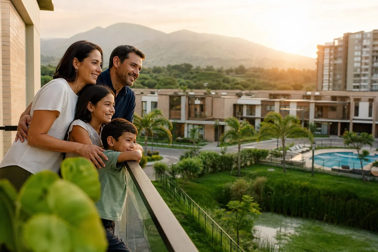 Familia en el balcón de su casa mirando el conjunto con piscina y zonas verdes al atardecer