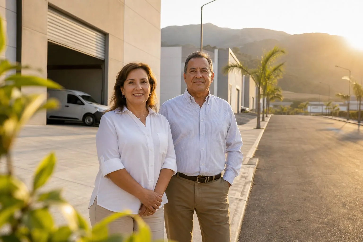Empresarios frente a su bodega al atardecer
