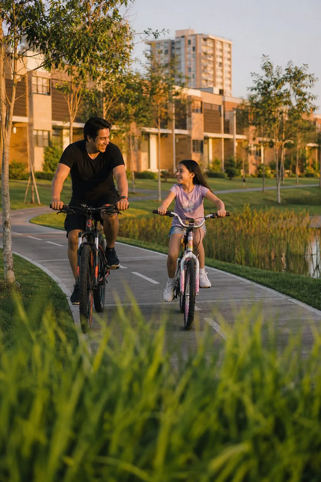 Padre e hija montando bicicleta por la cicloruta del conjunto al amanecer