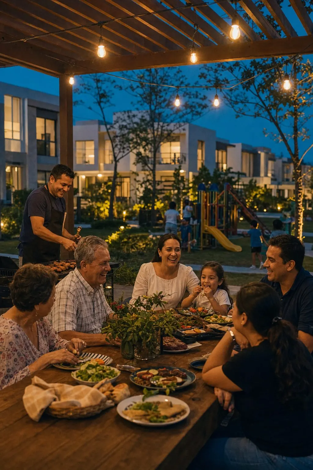 Dos familias compartiendo un asado en la zona BBQ del conjunto al anochecer