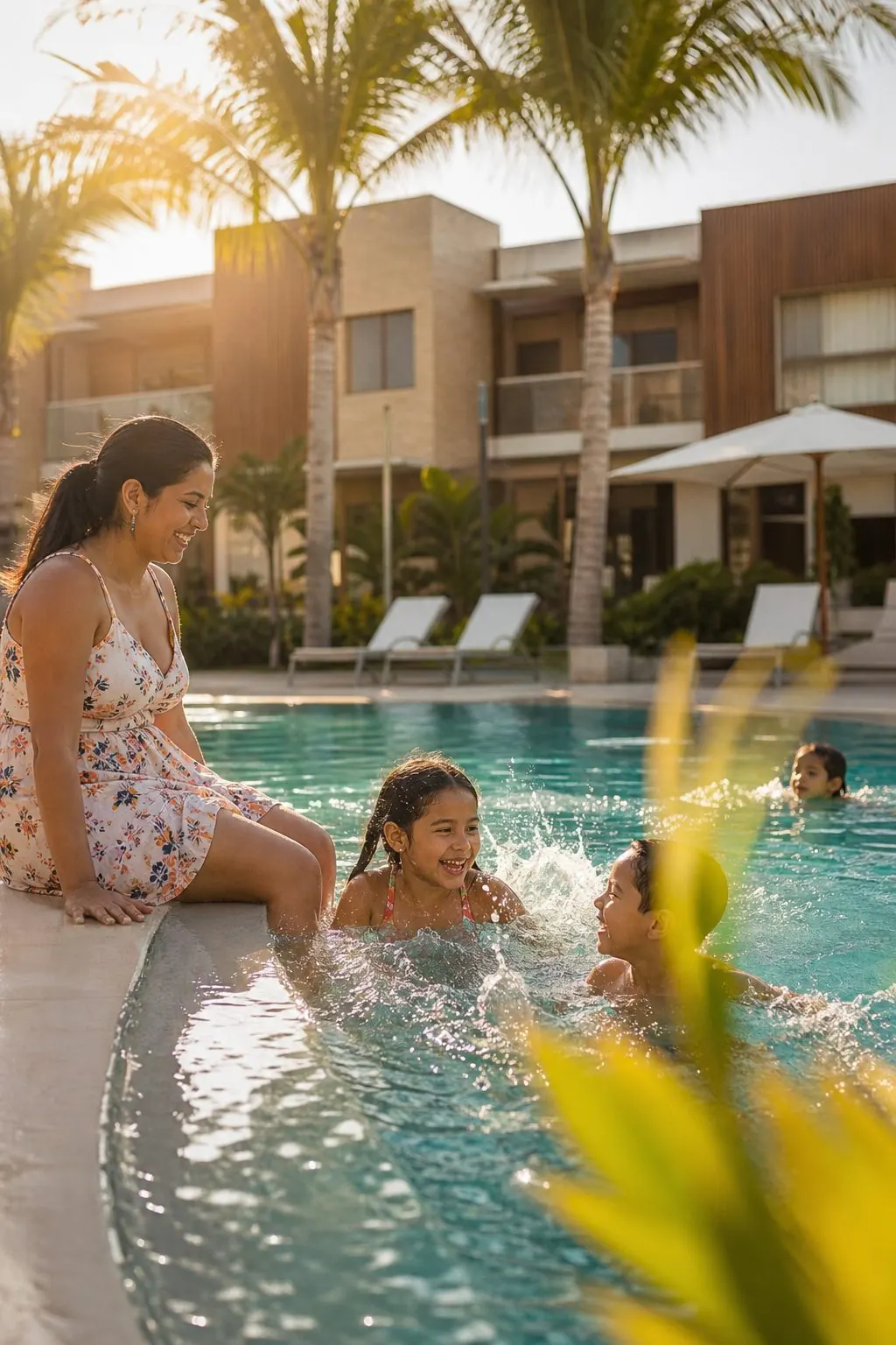 Niños jugando en la piscina del conjunto con su mamá sentada en el borde