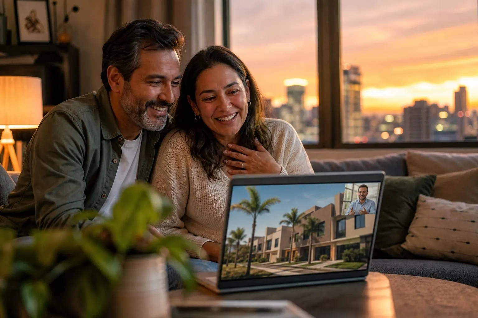Pareja en el exterior en una videollamada viendo Villa Elcira
