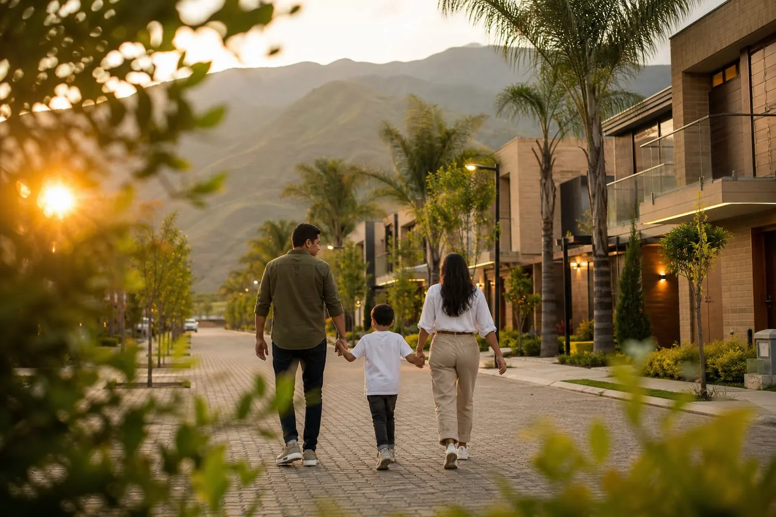Familia caminando de la mano por la alameda de un conjunto de casas al atardecer