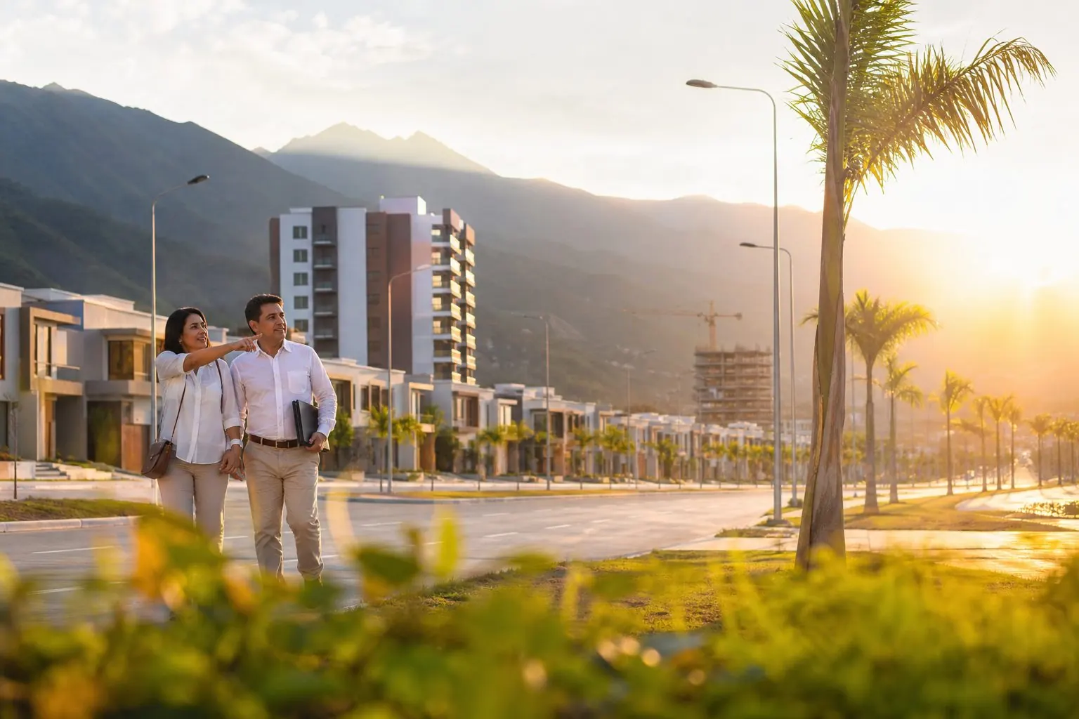 Pareja caminando por un bulevar con palmeras frente a un barrio nuevo al atardecer