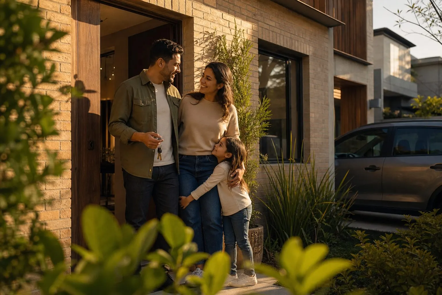 Familia sonriendo en la puerta de su casa nueva con las llaves en la mano
