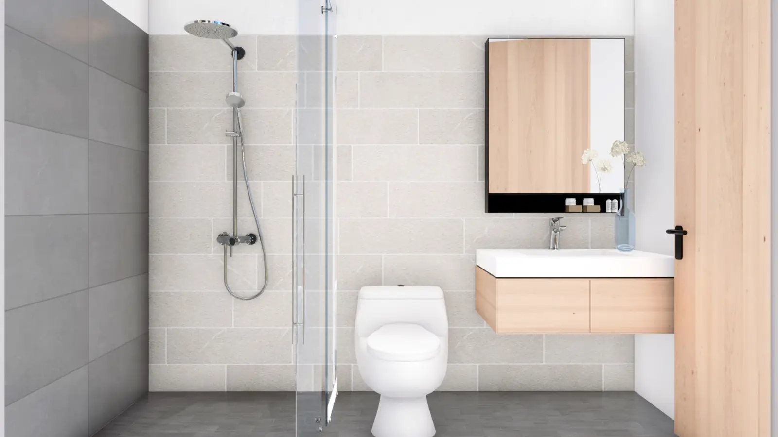 Baño con ducha y mueble de lavamanos