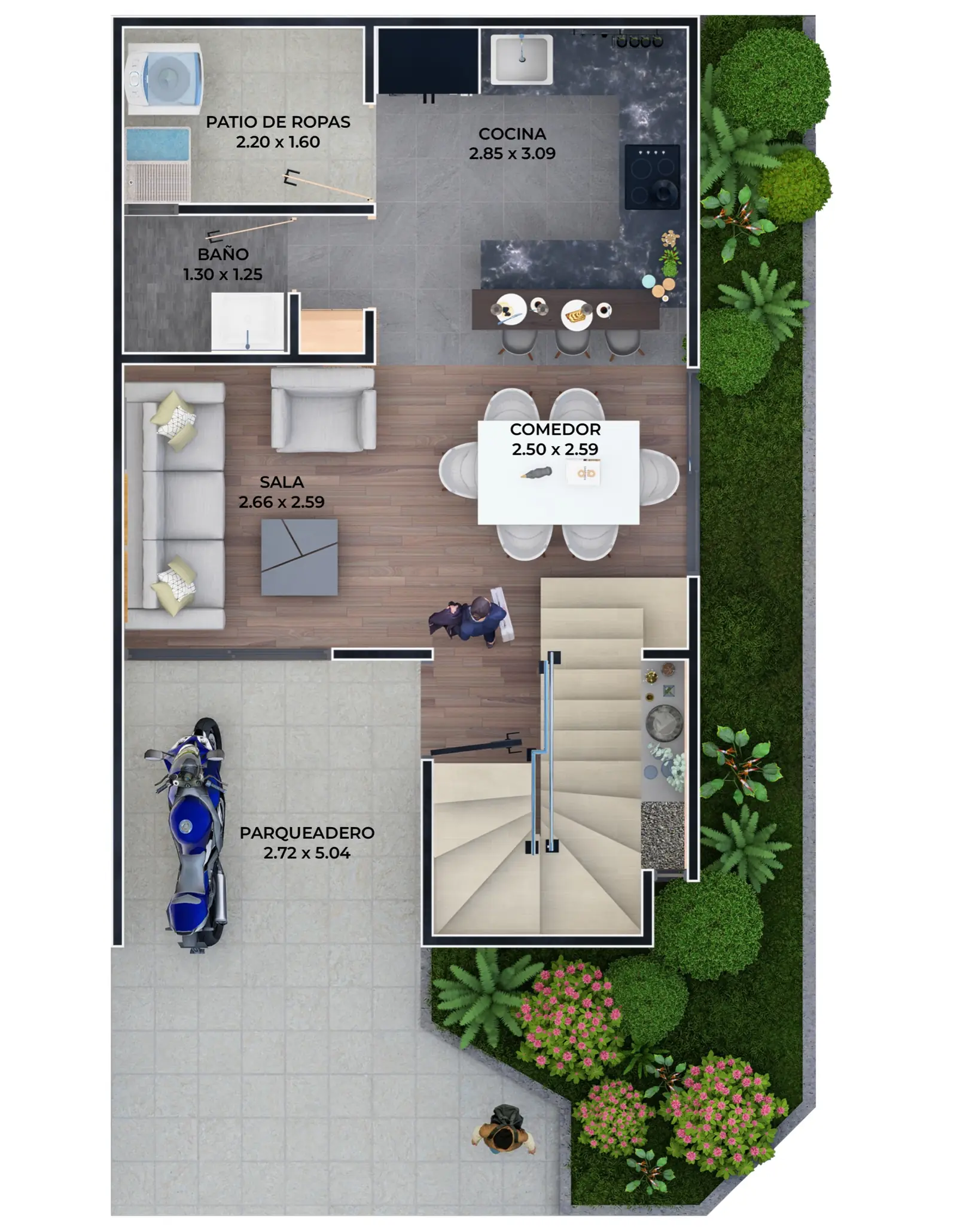 Planta del primer piso de la casa esquinera: parqueadero, sala, comedor, cocina, patio de ropas y baño