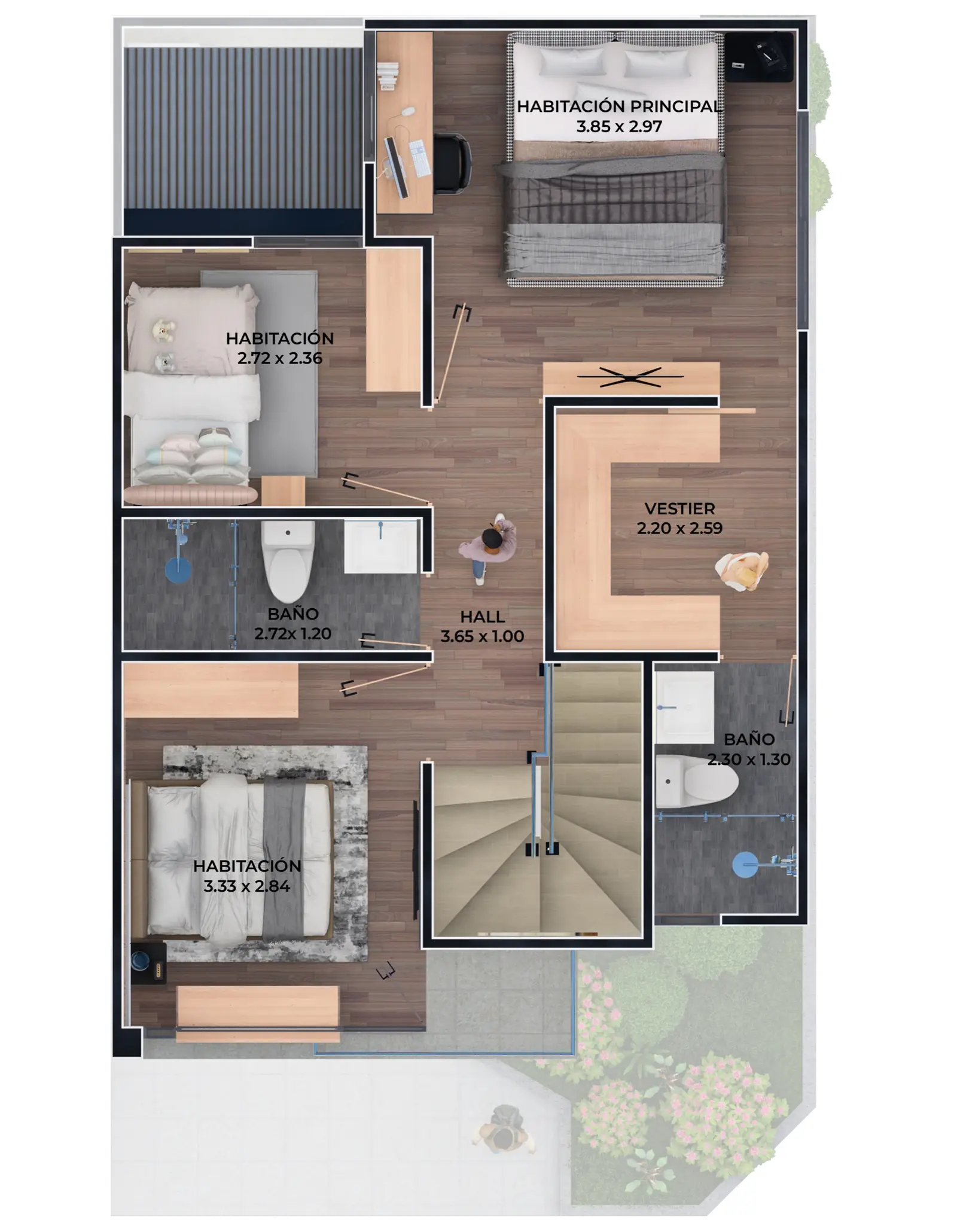 Planta del segundo piso de la casa esquinera: tres habitaciones, vestier y dos baños